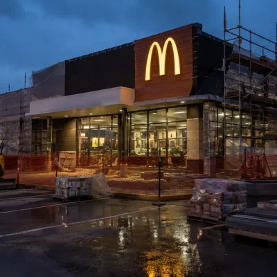 A McDonald's restaurant wrapped in scaffolding and orange safety fencing during a renovation, lit golden arches above a wet parking lot at dusk