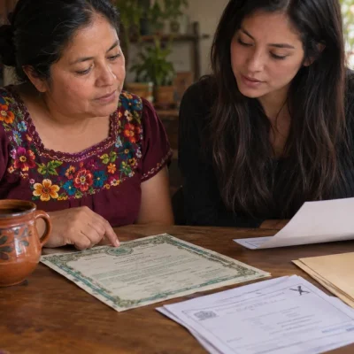 A Mexican mother and her adult child review a Mexican birth certificate and family documents at a kitchen table