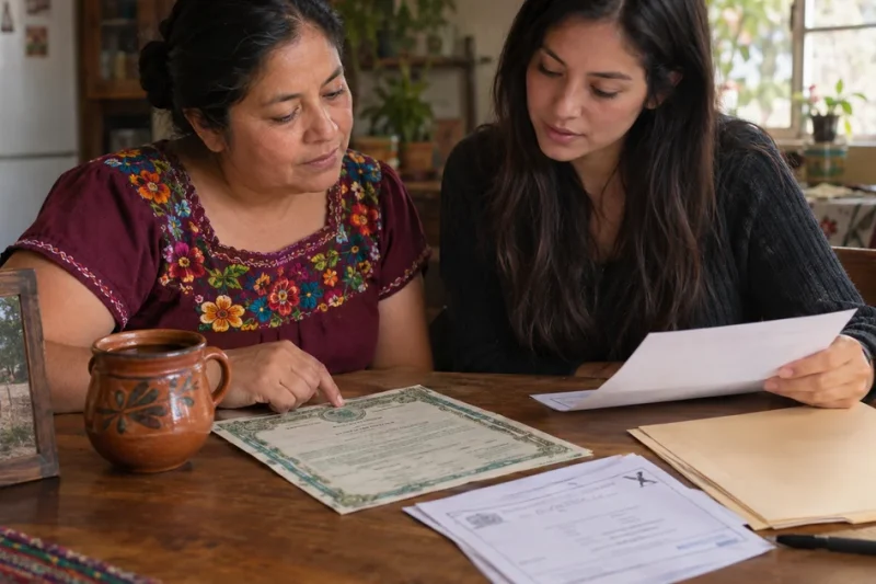 A Mexican mother and her adult child review a Mexican birth certificate and family documents at a kitchen table