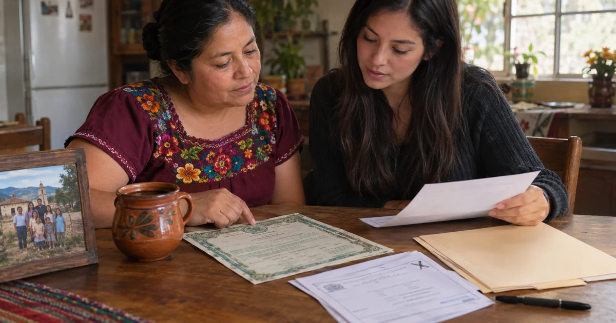 A Mexican mother and her adult child review a Mexican birth certificate and family documents at a kitchen table