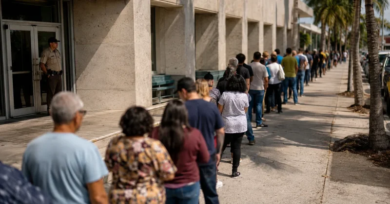 A long line of people of many ages waits on a sidewalk beside a federal office building, with a uniformed guard standing at a single closed glass door