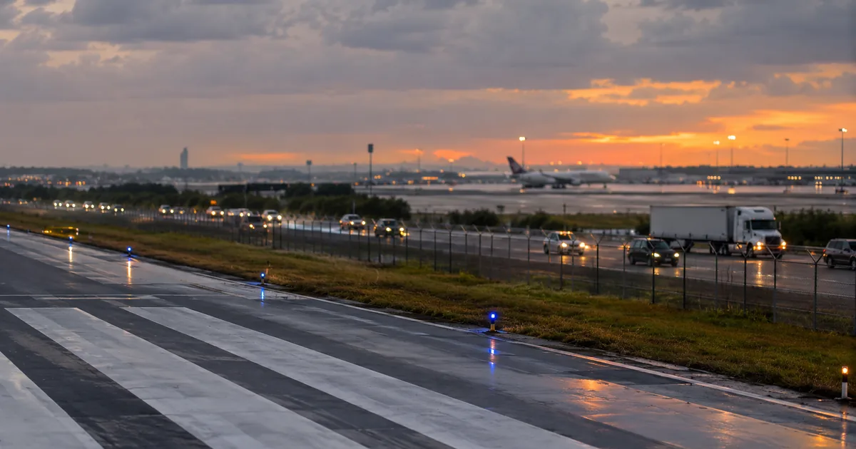 A wet airport runway ending in grass and a chain-link perimeter fence, with cars and a semi truck on a multi-lane road immediately beyond it at dusk