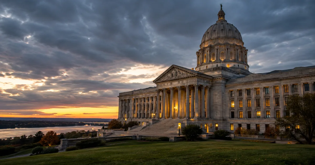 The Missouri State Capitol in Jefferson City at dusk, its limestone dome and columned portico lit from within on the bluff above the Missouri River.