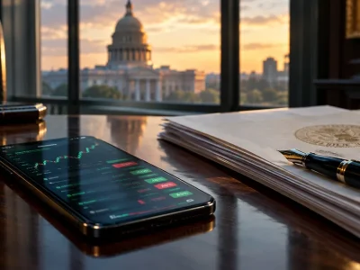 A smartphone showing green and red sports odds tiles rests on a dark wood desk beside sealed legal documents and a fountain pen, with a capitol dome visible through the window at sunset