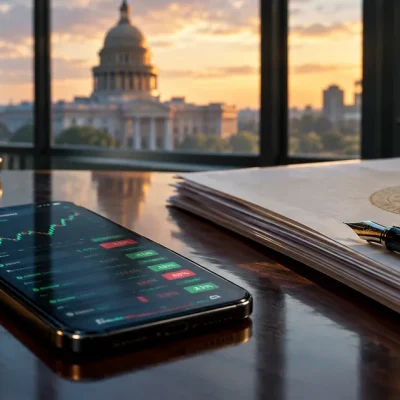 A smartphone showing green and red sports odds tiles rests on a dark wood desk beside sealed legal documents and a fountain pen, with a capitol dome visible through the window at sunset