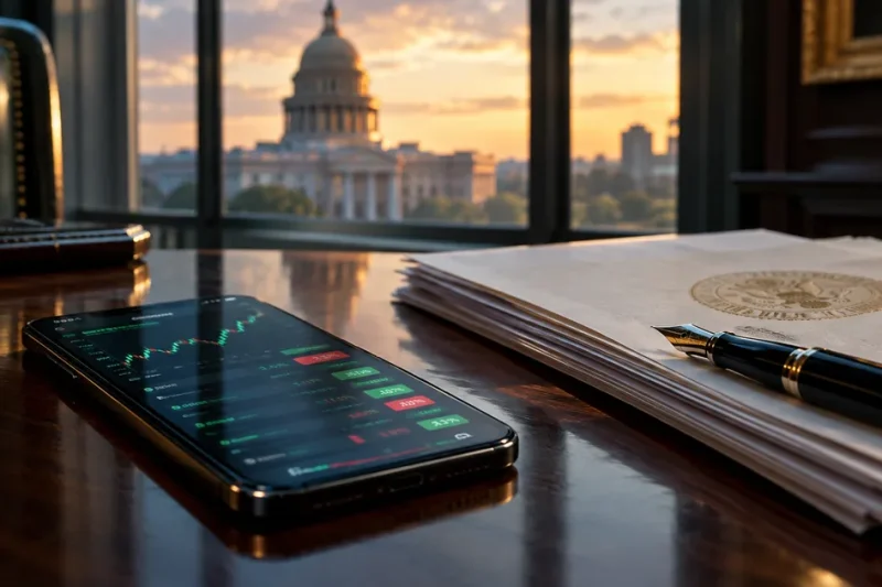 A smartphone showing green and red sports odds tiles rests on a dark wood desk beside sealed legal documents and a fountain pen, with a capitol dome visible through the window at sunset