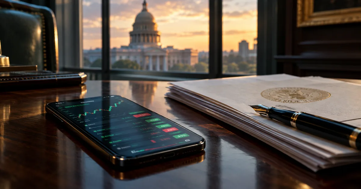 A smartphone showing green and red sports odds tiles rests on a dark wood desk beside sealed legal documents and a fountain pen, with a capitol dome visible through the window at sunset