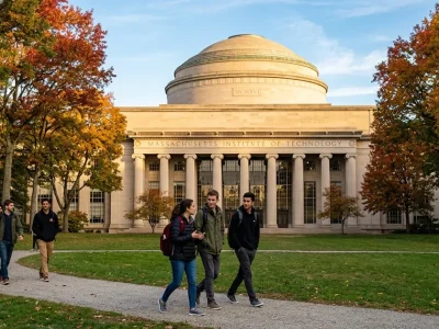 Students walking past MIT's Great Dome and columned facade under autumn trees in Cambridge