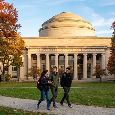 Students walking past MIT's Great Dome and columned facade under autumn trees in Cambridge