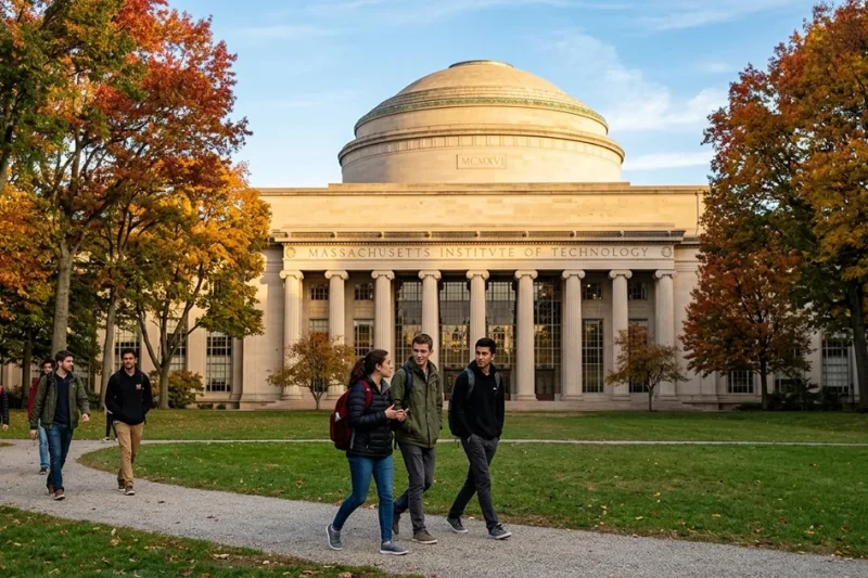 Students walking past MIT's Great Dome and columned facade under autumn trees in Cambridge