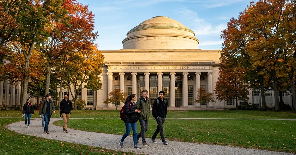 Students walking past MIT's Great Dome and columned facade under autumn trees in Cambridge