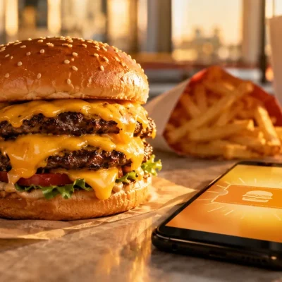 A double cheeseburger with melted cheese on a diner counter next to fries, a soda cup and a smartphone showing a burger coupon