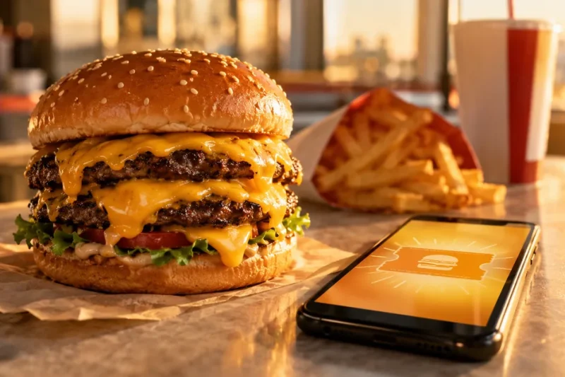 A double cheeseburger with melted cheese on a diner counter next to fries, a soda cup and a smartphone showing a burger coupon