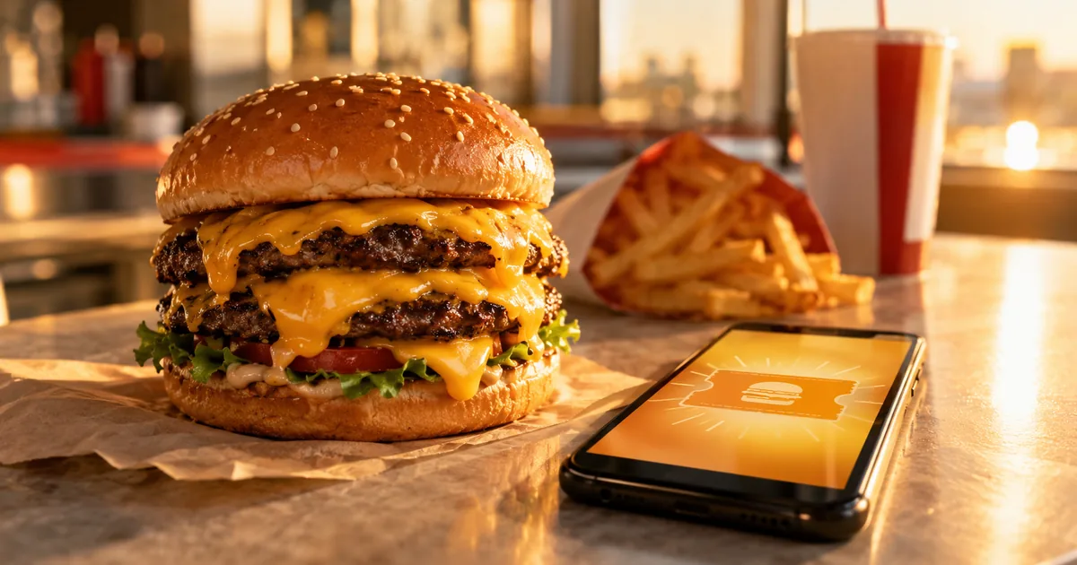 A double cheeseburger with melted cheese on a diner counter next to fries, a soda cup and a smartphone showing a burger coupon