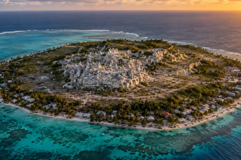 Aerial photograph of a small coral island at golden hour, a thin coastal ring of houses and palm trees surrounding a raised interior plateau of bare white coral pinnacles, ringed by turquoise reef and open ocean