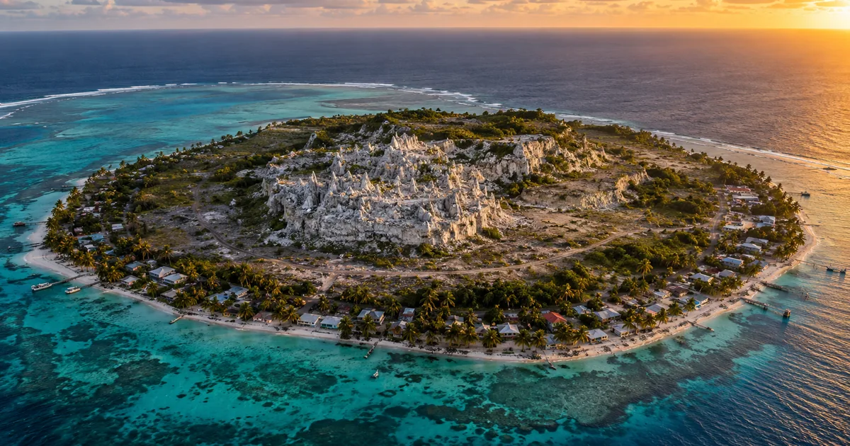 Aerial photograph of a small coral island at golden hour, a thin coastal ring of houses and palm trees surrounding a raised interior plateau of bare white coral pinnacles, ringed by turquoise reef and open ocean