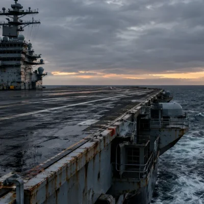 Empty weathered flight deck of a US Navy aircraft carrier at dusk with a heavy gray sea running past the hull