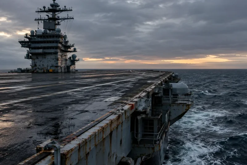 Empty weathered flight deck of a US Navy aircraft carrier at dusk with a heavy gray sea running past the hull