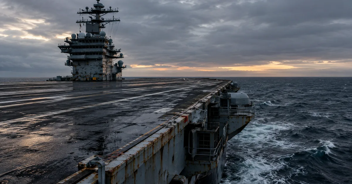 Empty weathered flight deck of a US Navy aircraft carrier at dusk with a heavy gray sea running past the hull