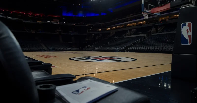 A darkened empty basketball arena, the Los Angeles Clippers logo at center court, an NBA-branded stanchion pad at right and a folded league document on an empty courtside seat