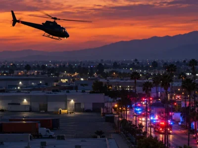A television news helicopter flies low over low-rise warehouses and a parking lot in the San Fernando Valley at dusk, with red and blue emergency vehicle lights on the street below