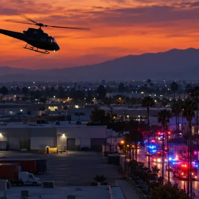 A television news helicopter flies low over low-rise warehouses and a parking lot in the San Fernando Valley at dusk, with red and blue emergency vehicle lights on the street below