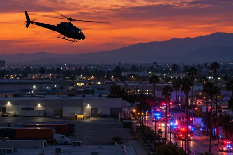 A television news helicopter flies low over low-rise warehouses and a parking lot in the San Fernando Valley at dusk, with red and blue emergency vehicle lights on the street below