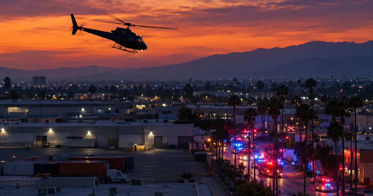 A television news helicopter flies low over low-rise warehouses and a parking lot in the San Fernando Valley at dusk, with red and blue emergency vehicle lights on the street below
