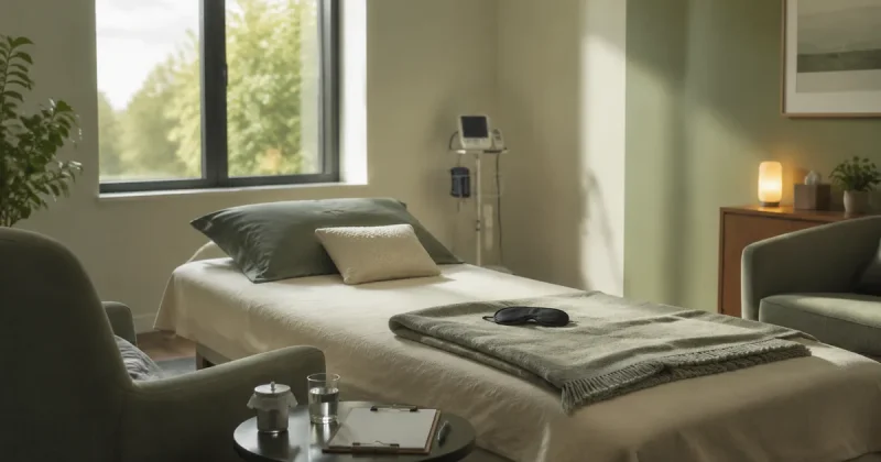An empty clinical treatment room with a daybed, folded blanket, eye mask, armchairs and a side table holding a covered medicine cup and clipboard