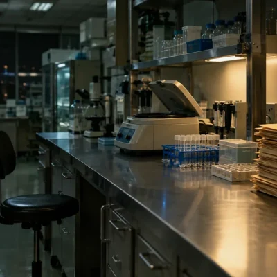 Deserted research lab after hours, stainless steel bench with centrifuge and sample vials, a tall stack of manila folders and a wall calendar with days crossed off