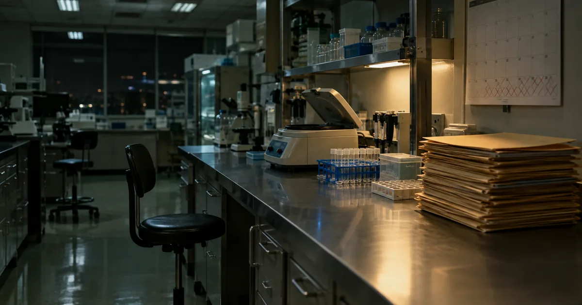 Deserted research lab after hours, stainless steel bench with centrifuge and sample vials, a tall stack of manila folders and a wall calendar with days crossed off