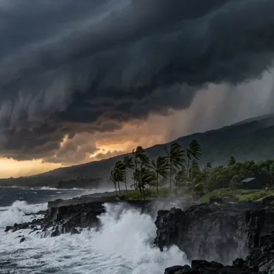 Dark spiral storm clouds and rainbands over a black lava rock coastline on the Big Island, heavy surf breaking and palms bent in high wind