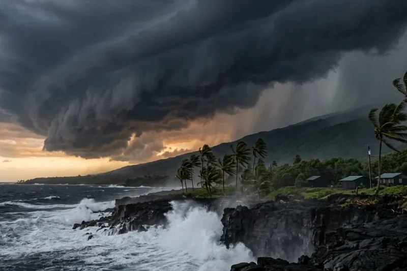 Dark spiral storm clouds and rainbands over a black lava rock coastline on the Big Island, heavy surf breaking and palms bent in high wind