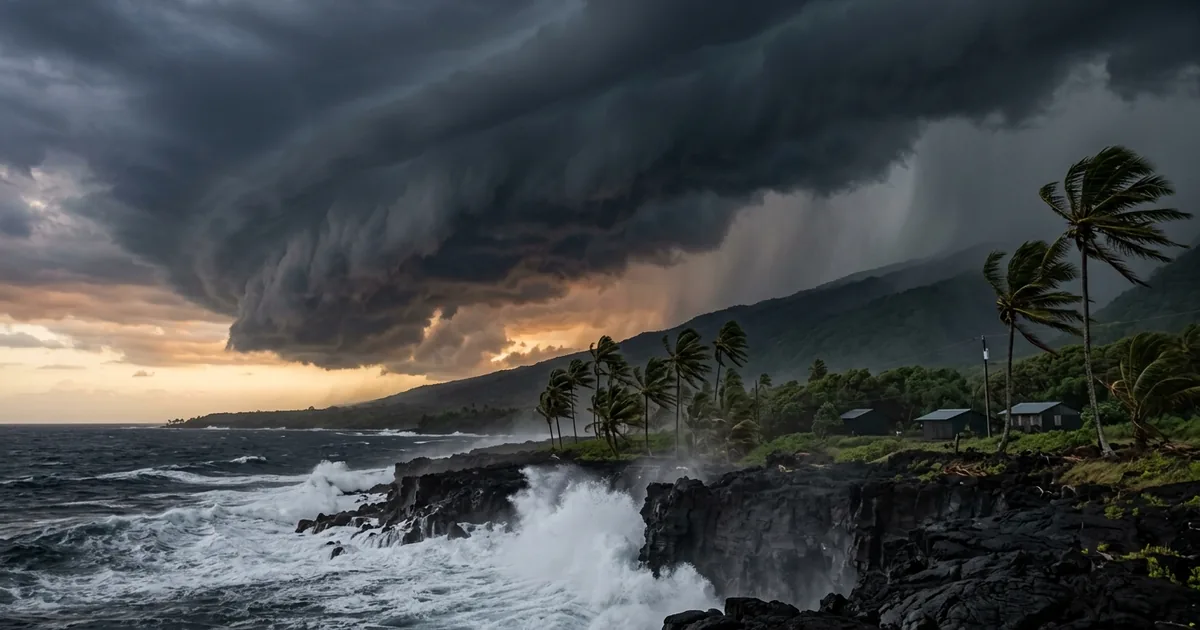 Dark spiral storm clouds and rainbands over a black lava rock coastline on the Big Island, heavy surf breaking and palms bent in high wind