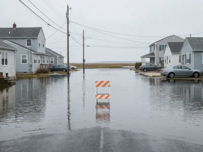 Shallow, still tidewater covering a quiet residential street in a low-lying bay-side shore neighborhood under flat gray overcast daylight, an orange-and-white road barricade standing at the edge of the water, clapboard houses and parked cars on the dry end of the block