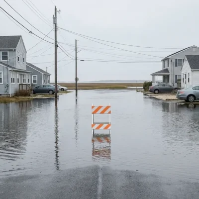 Shallow, still tidewater covering a quiet residential street in a low-lying bay-side shore neighborhood under flat gray overcast daylight, an orange-and-white road barricade standing at the edge of the water, clapboard houses and parked cars on the dry end of the block