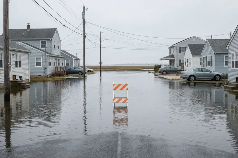Shallow, still tidewater covering a quiet residential street in a low-lying bay-side shore neighborhood under flat gray overcast daylight, an orange-and-white road barricade standing at the edge of the water, clapboard houses and parked cars on the dry end of the block
