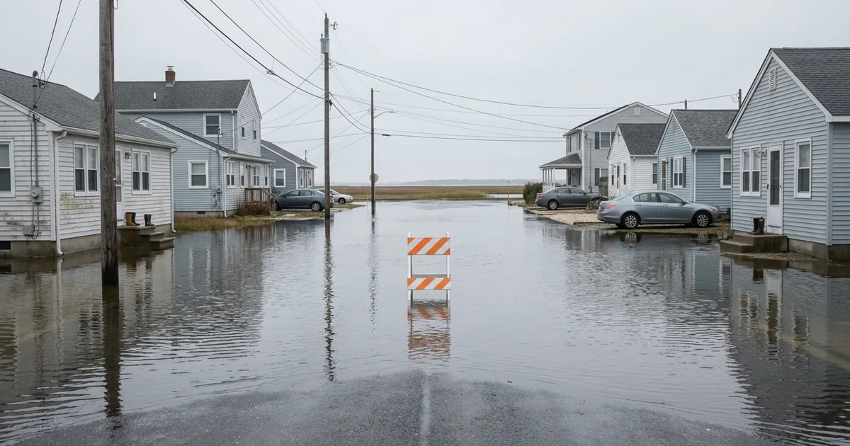 Shallow, still tidewater covering a quiet residential street in a low-lying bay-side shore neighborhood under flat gray overcast daylight, an orange-and-white road barricade standing at the edge of the water, clapboard houses and parked cars on the dry end of the block