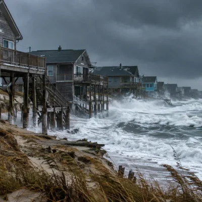 Heavy Atlantic surf breaking beneath the wooden pilings of a row of oceanfront stilt houses under a dark storm sky, sand scoured from the dune