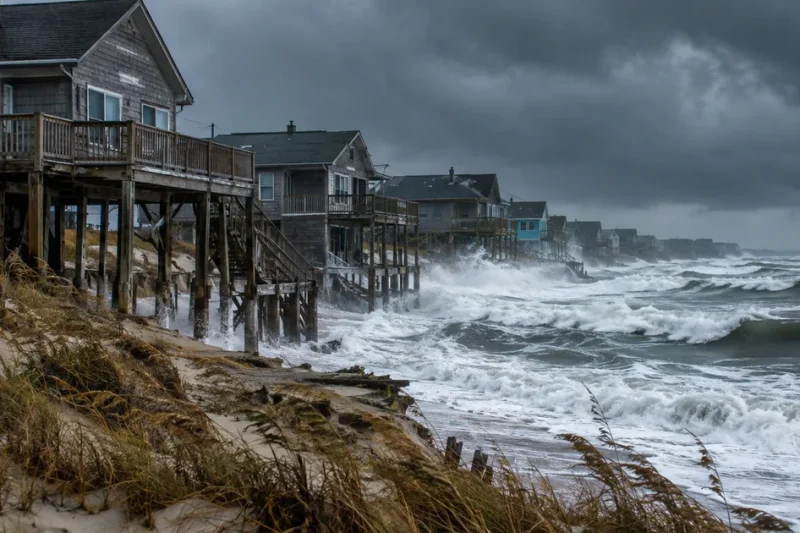 Heavy Atlantic surf breaking beneath the wooden pilings of a row of oceanfront stilt houses under a dark storm sky, sand scoured from the dune