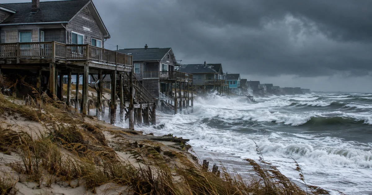 Heavy Atlantic surf breaking beneath the wooden pilings of a row of oceanfront stilt houses under a dark storm sky, sand scoured from the dune