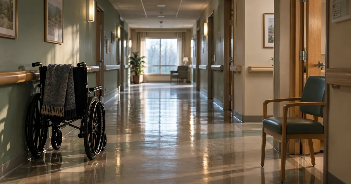 Empty long-term care facility hallway at dawn with an unoccupied wheelchair against the handrail and grey light from a window at the end of the corridor