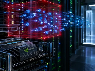 A server rack with an Nvidia-branded data processing unit card, above which a red holographic cage traps a cluster of glowing blue agent nodes streaming toward a data center doorway