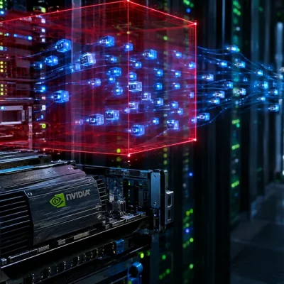 A server rack with an Nvidia-branded data processing unit card, above which a red holographic cage traps a cluster of glowing blue agent nodes streaming toward a data center doorway