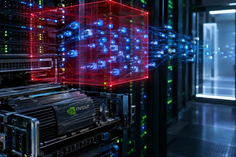 A server rack with an Nvidia-branded data processing unit card, above which a red holographic cage traps a cluster of glowing blue agent nodes streaming toward a data center doorway