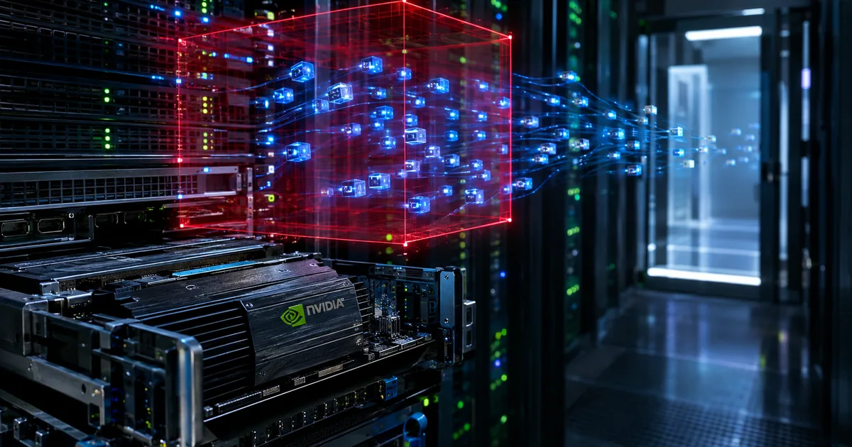 A server rack with an Nvidia-branded data processing unit card, above which a red holographic cage traps a cluster of glowing blue agent nodes streaming toward a data center doorway