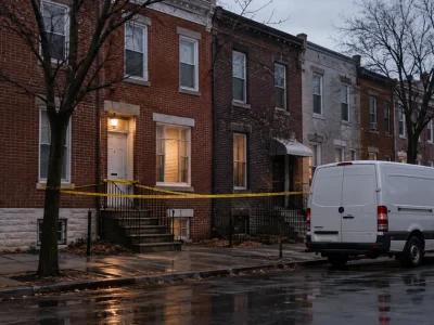 Yellow police tape across the front steps of one house in a row of narrow brick rowhouses, with a white forensics van at the curb