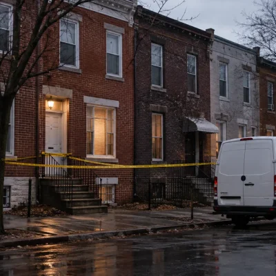 Yellow police tape across the front steps of one house in a row of narrow brick rowhouses, with a white forensics van at the curb