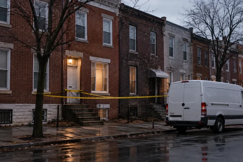 Yellow police tape across the front steps of one house in a row of narrow brick rowhouses, with a white forensics van at the curb