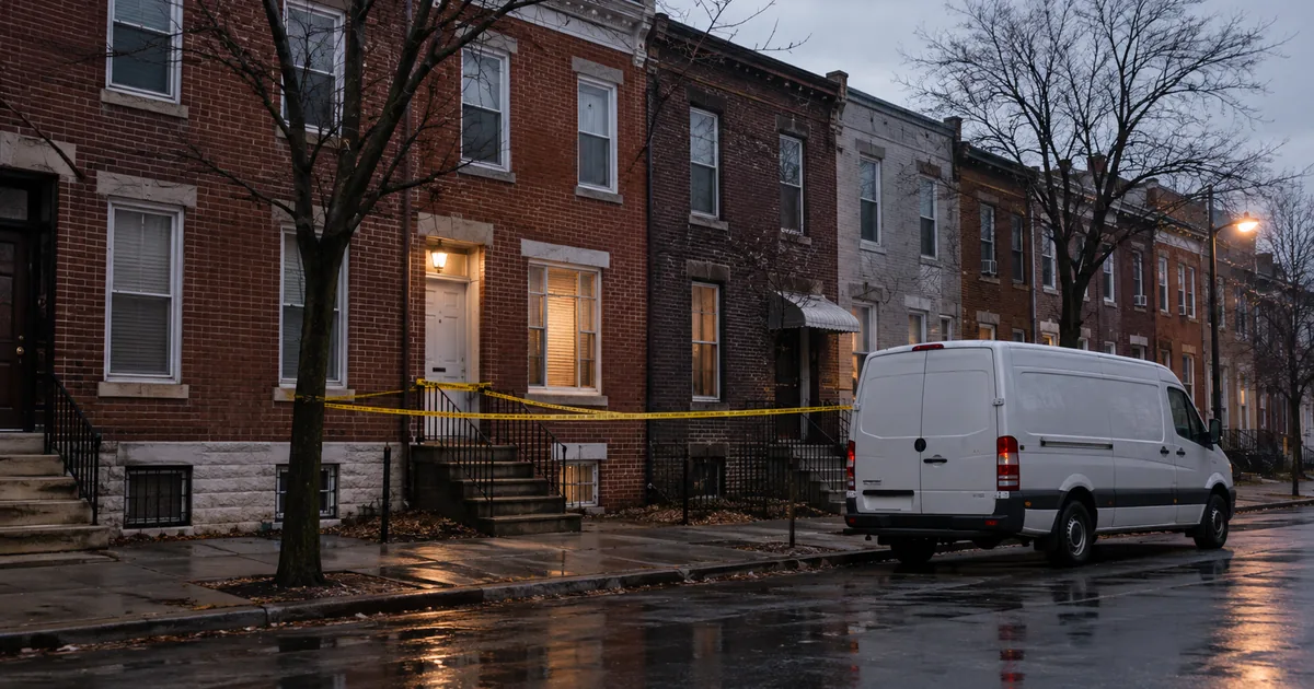 Yellow police tape across the front steps of one house in a row of narrow brick rowhouses, with a white forensics van at the curb